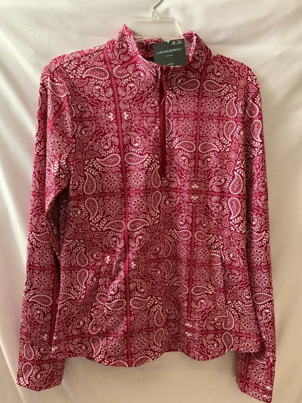 CYNTHIA ROWLEY ACTIVE Paisley Quarter Zip Top in Burgundy/White Sz LARGE
